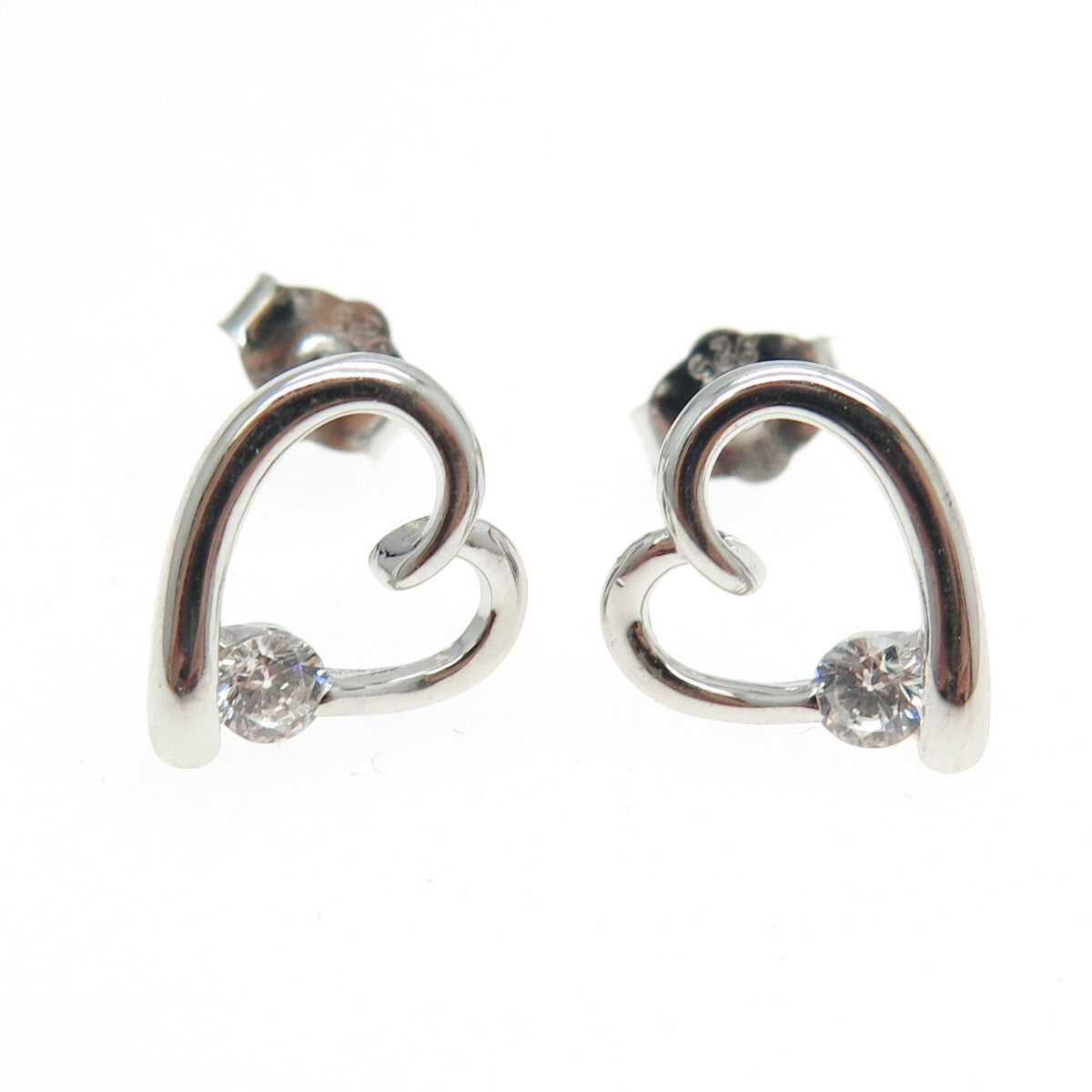 925 Sterling Silver Round-Cut C Z Heart Earrings