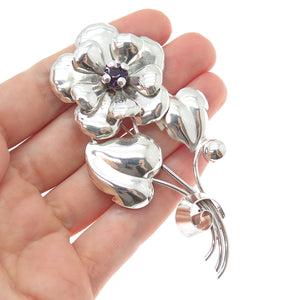 925 Sterling Silver Antique Art Deco Purple Rhinestone Flower Oxidized Brooch
