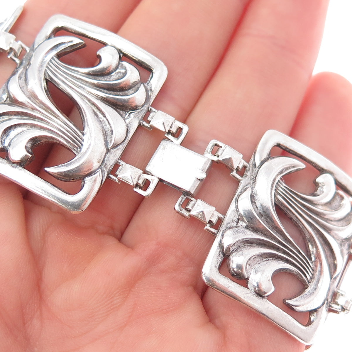 925 Sterling Silver Antique Art Deco Floral Panel Link Oxidized Bracelet 7"