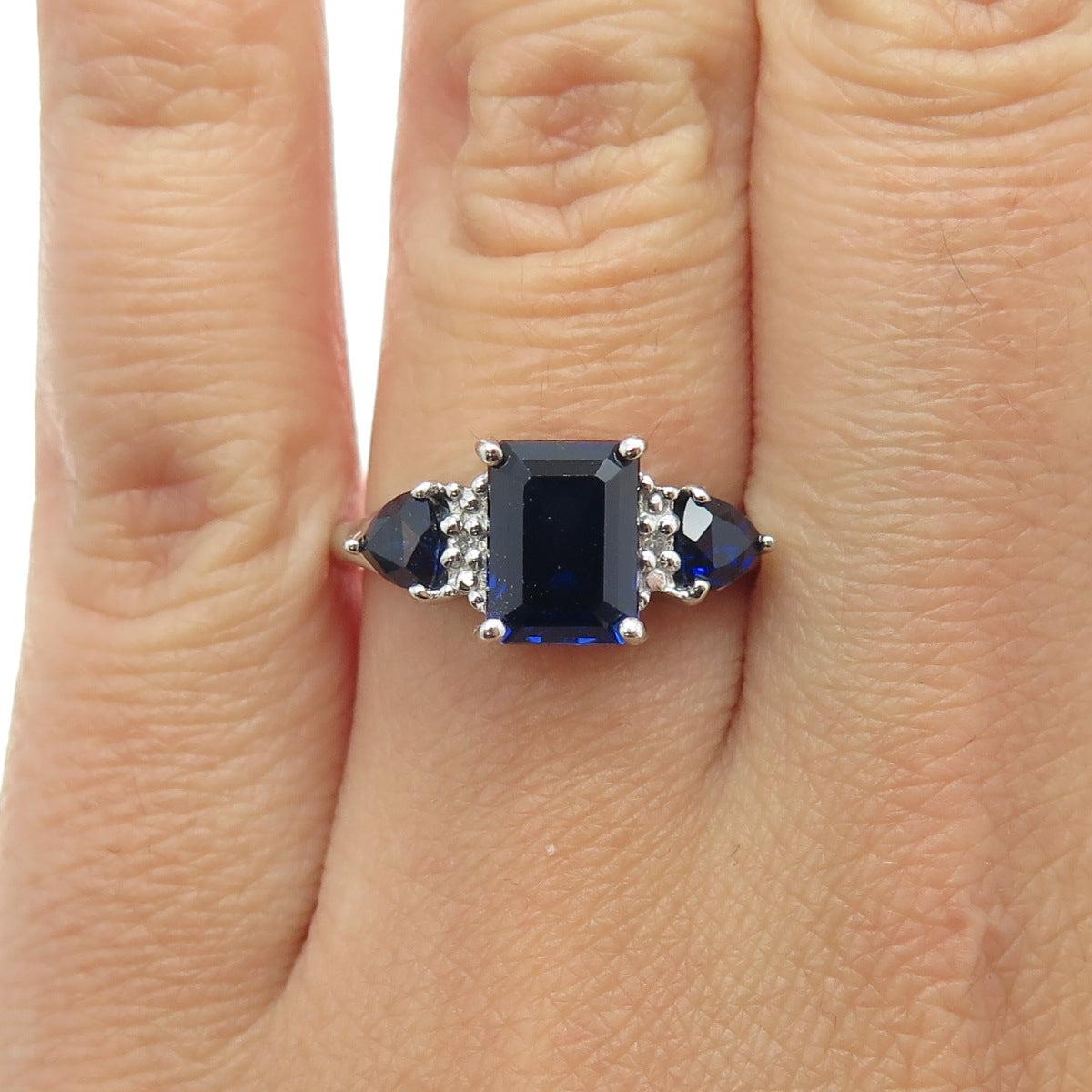 925 Sterling Silver Real Diamond Lab-Created Sapphire Engagement Ring Size 7.25