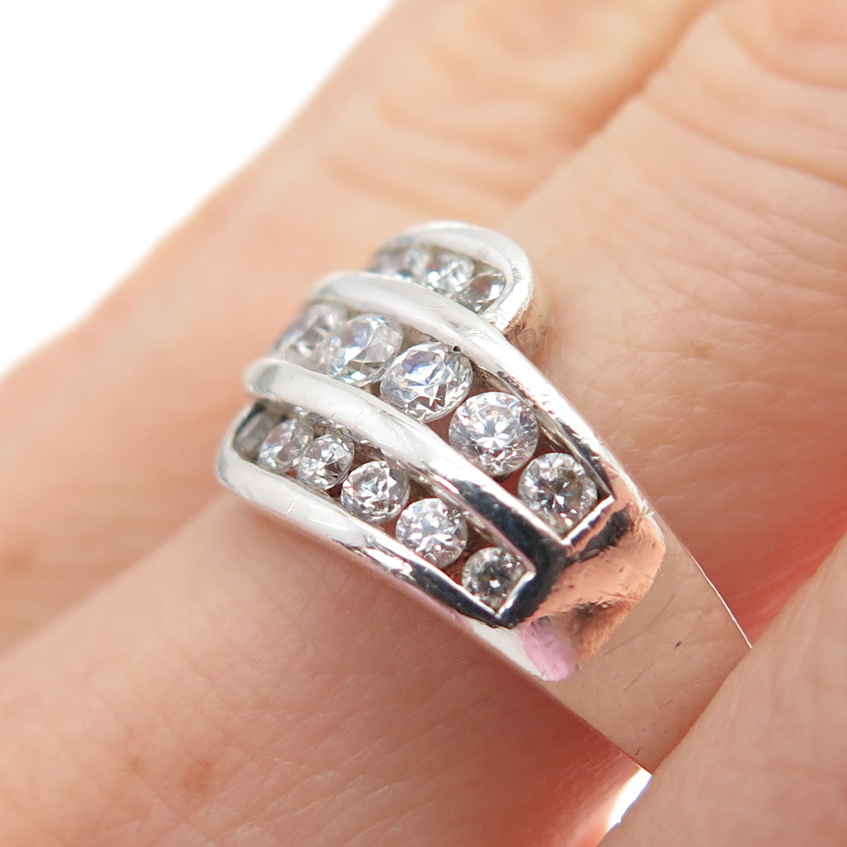 925 Sterling Silver Round-Cut C Z Bypass Ring Size 7