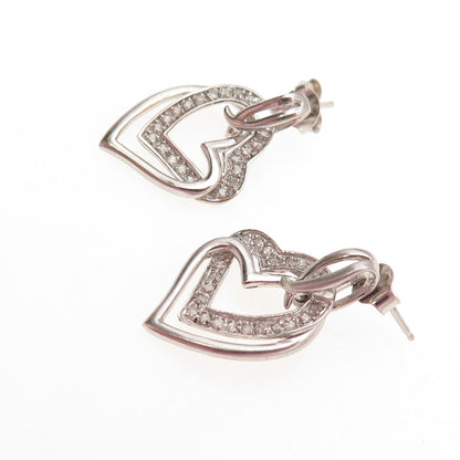 SAI 925 Sterling Silver Real Round-Cut Diamond Double Heart Dangle Earrings
