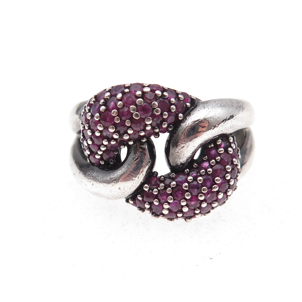 925 Sterling Silver Vintage Real Round-Cut Ruby Interlocked Ring Size 8.25