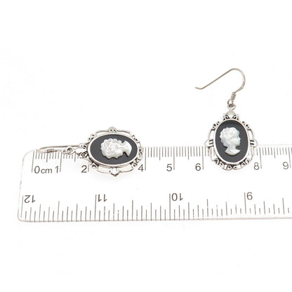 Ken Crafts 925 Sterling Vintage Real MOP & Black Onyx Lady Cameo Dangle Earrings