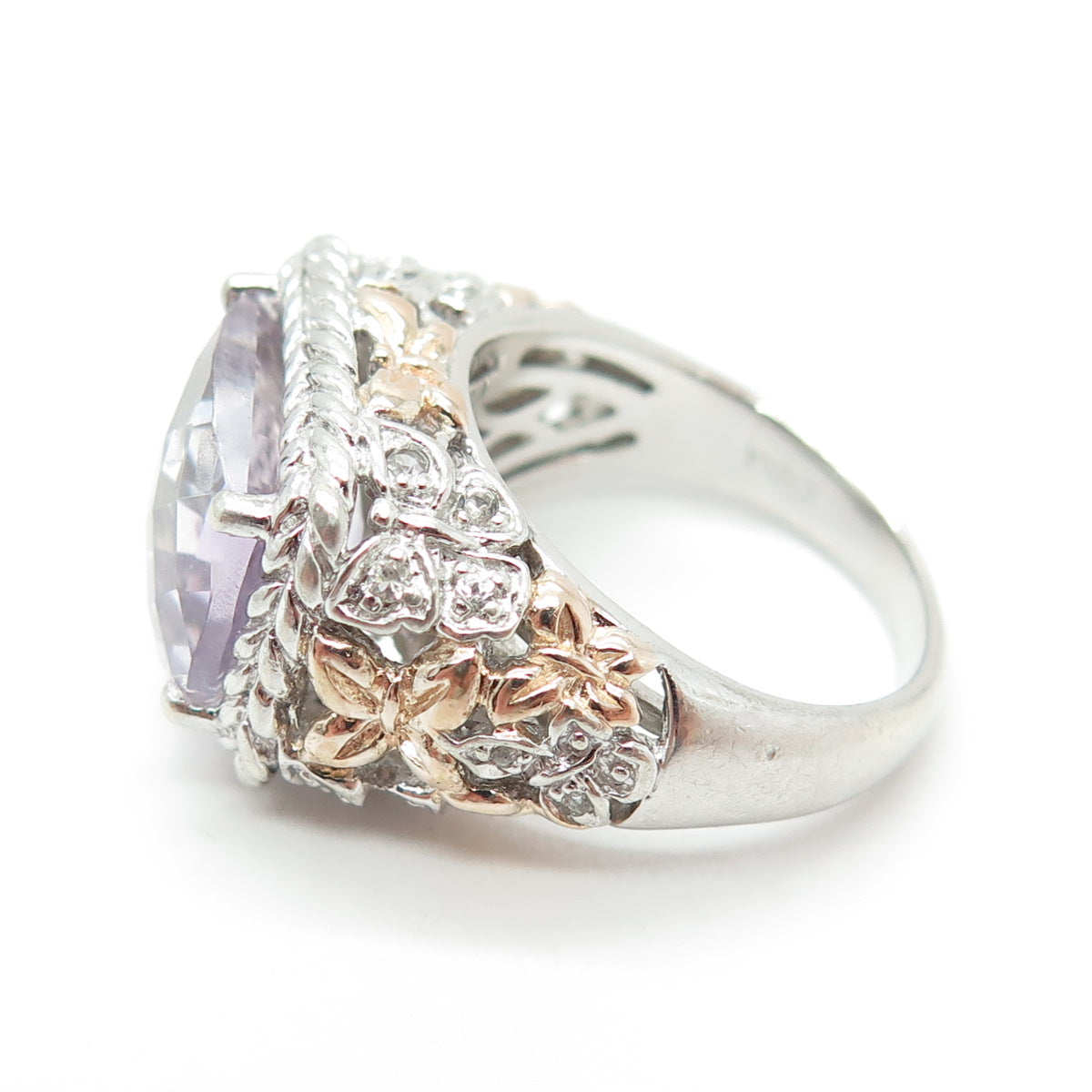 925 Sterling Silver 2-Tone Real Kunzite & White Topaz Butterfly Ring Size 7.25