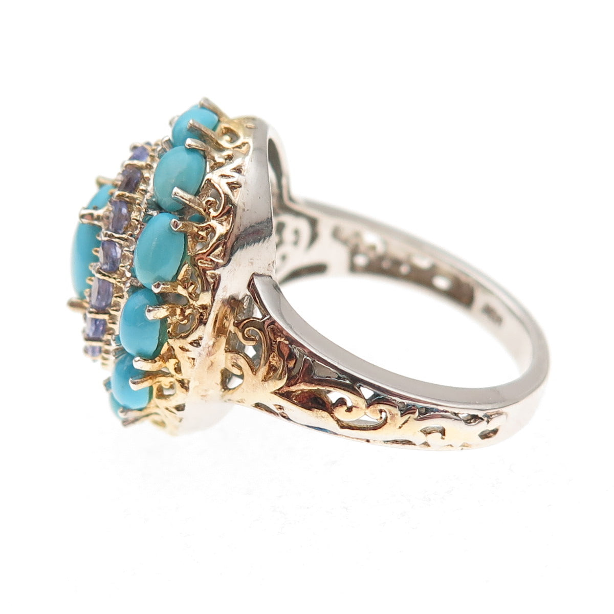 Chuck Clemency Sterling Silver 2-Tone Real Turquoise & Tanzanite Ring Size 8.25