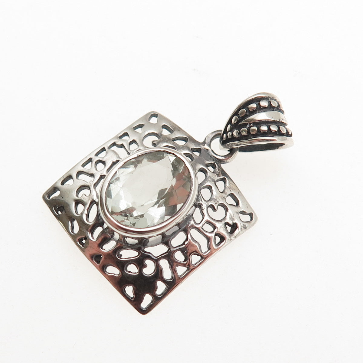 925 Sterling Silver Vintage Real Green Amethyst Modernist Charm Pendant