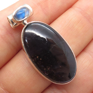 925 Sterling Silver Vintage Real Cabochon Lepidolite & Moonstone Slide Pendant