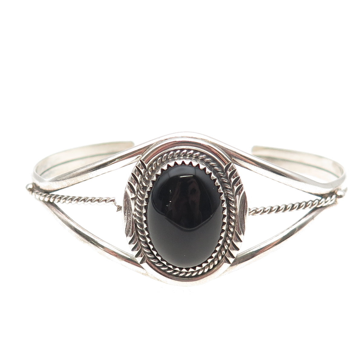 Pat Yazzie Navajo Old Pawn Sterling Silver Black Onyx Adjustable Bracelet 5.75"