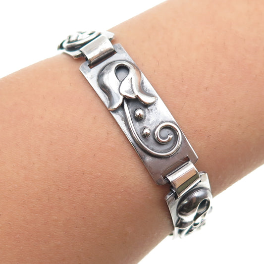 BEAU 925 Sterling Silver Antique Art Deco Flower Oxidized Panel Link Bracelet 7"