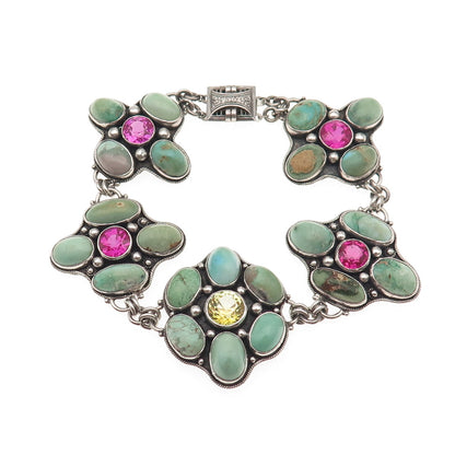 925 Sterling Antique Real Turquoise & Lab-Created Multi-Sapphire Bracelet 6.75"