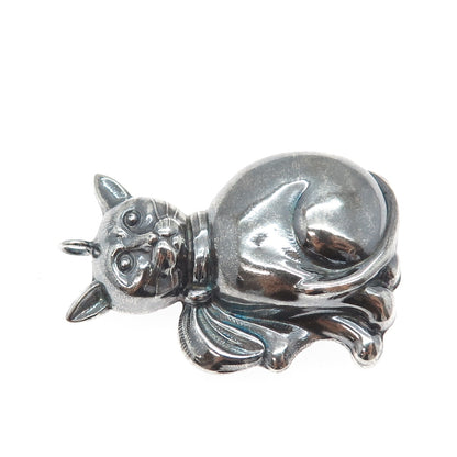 925 Sterling Silver Vintage Cat Modernist Oxidized Puffy Pendant