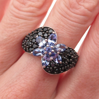 Chuck Clemency Sterling Silver Real Tanzanite Black Spinel Floral Ring Size 8.25