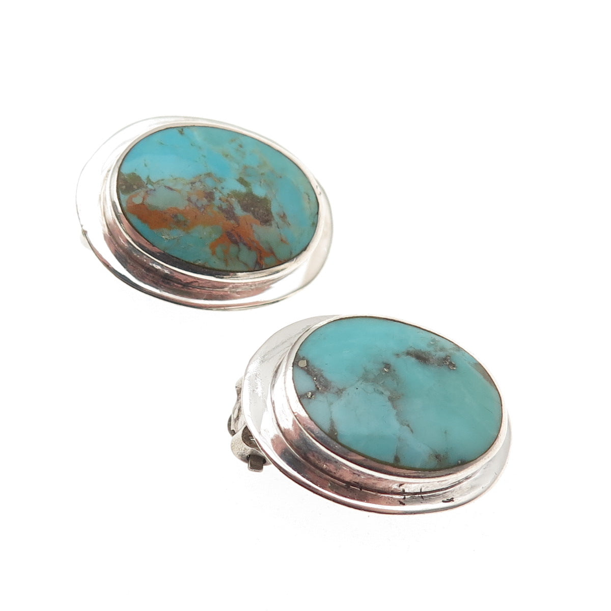 925 Sterling Silver Vintage Real Turquoise Modernist Clip On Earrings