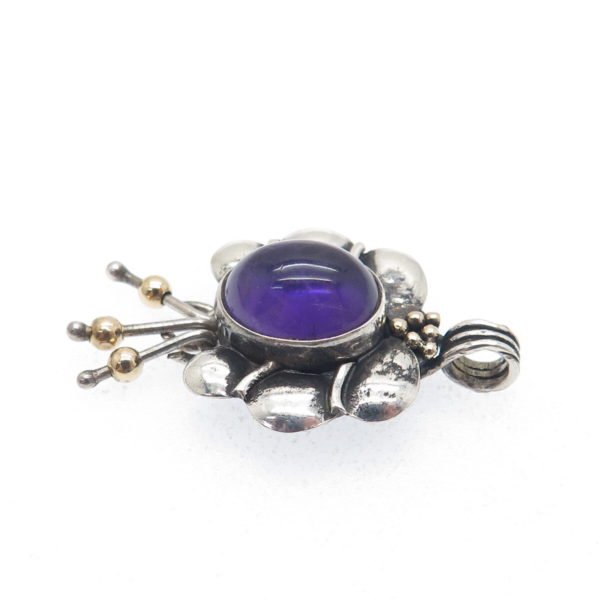 ORION Sterling Silver & 14K Gold Vintage Real Amethyst Modernist Flower Pendant