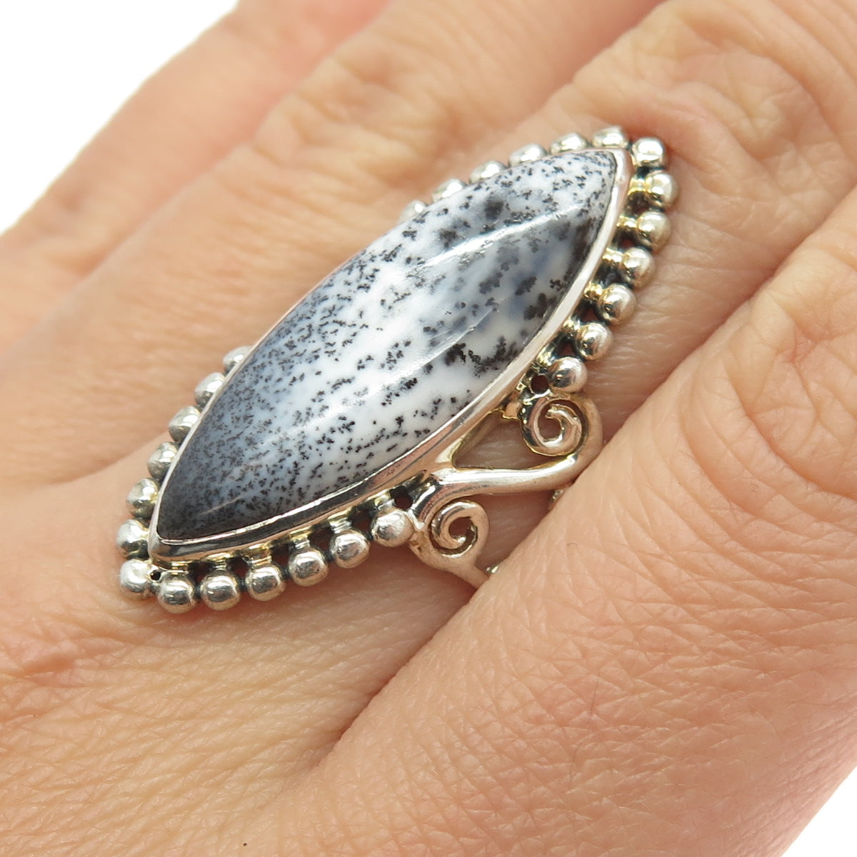 ARYA 925 Sterling Silver Vintage Real Dendritic Agate Gem Statement Ring Size 7