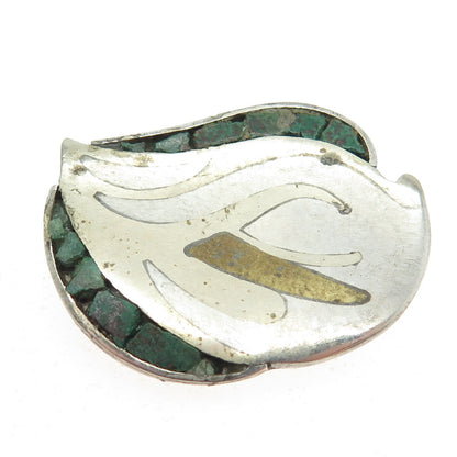 925 Sterling Silver 2-Tone Vintage Mexico Real Azurite Inlay Bird Brooch #110