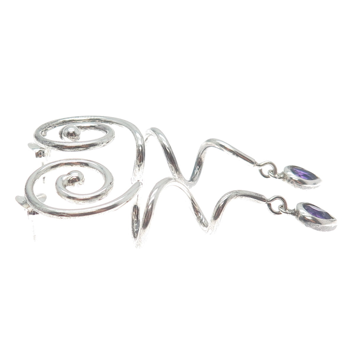 925 Sterling Silver Vintage Real Pear-Cut Amethyst Gem Spiral Dangle Earrings