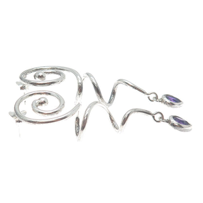 925 Sterling Silver Vintage Real Pear-Cut Amethyst Gem Spiral Dangle Earrings