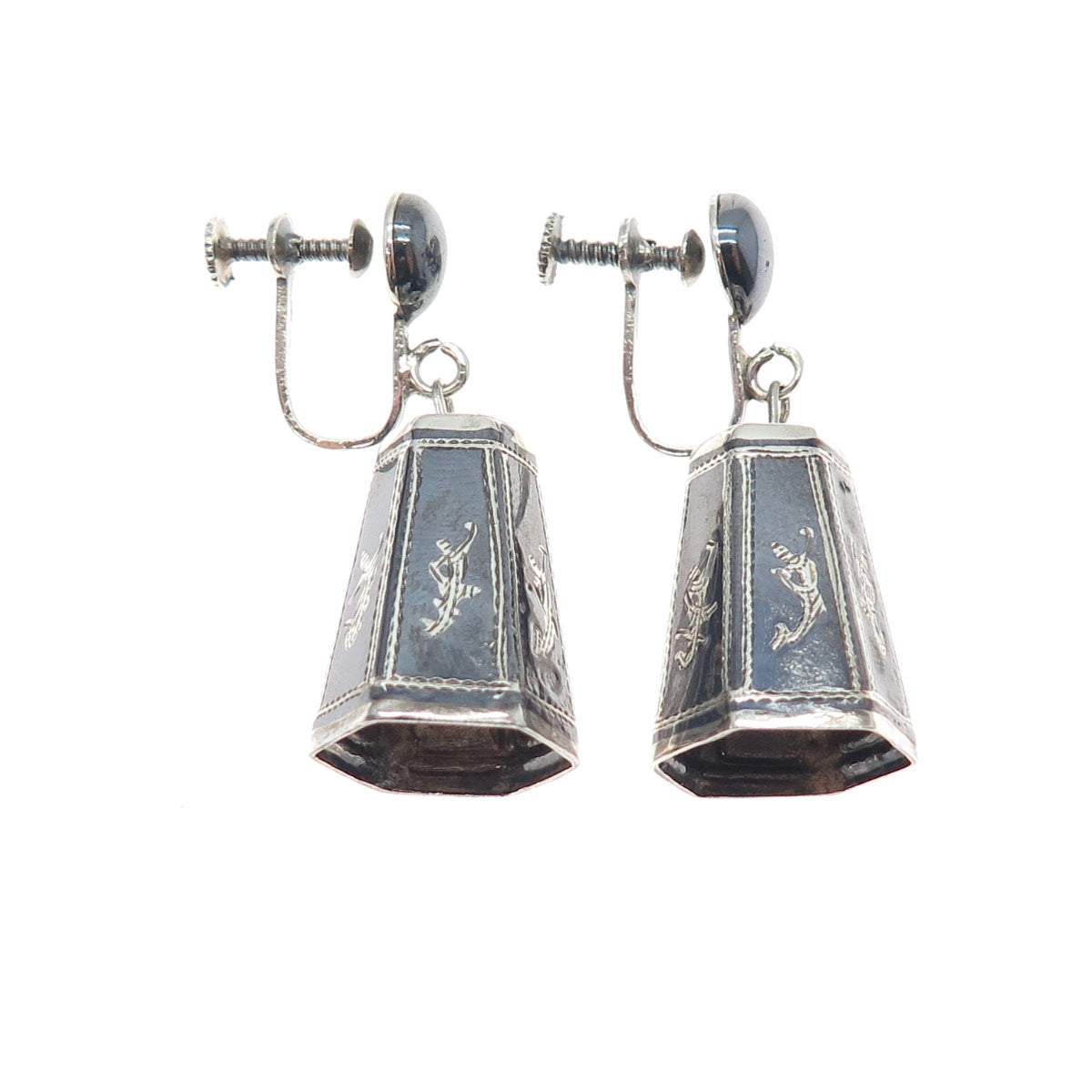 925 Sterling Silver Antique Siam Niello Hindu Goddess Screw Back Dangle Earrings