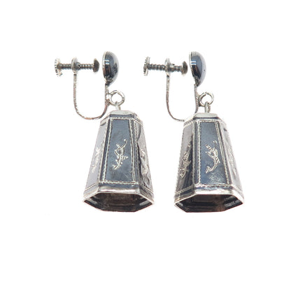 925 Sterling Silver Antique Siam Niello Hindu Goddess Screw Back Dangle Earrings