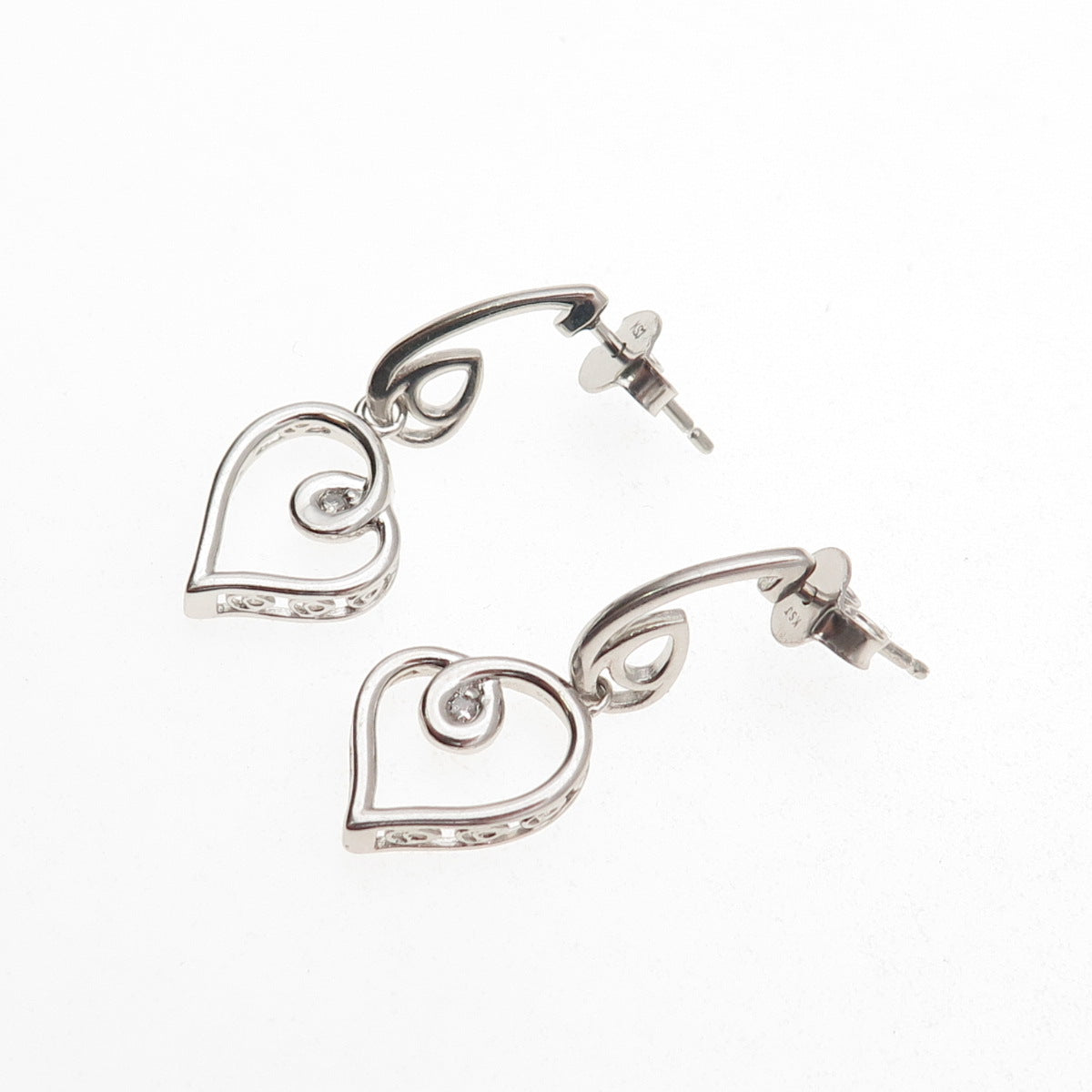 925 Sterling Silver Real Round-Cut Diamond Heart Dangle Earrings