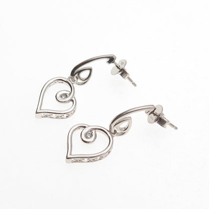 925 Sterling Silver Real Round-Cut Diamond Heart Dangle Earrings