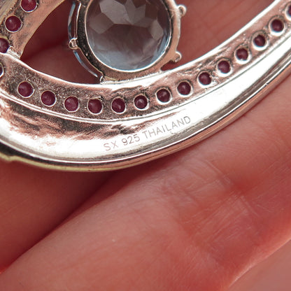 SX Sally C 925 Sterling Silver Real Blue Topaz & Ruby Teardrop Slide Pendant