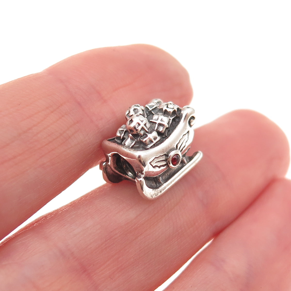 Pandora 925 Sterling Silver Real Red Garnet Santa’s Sleigh Slide Bead Charm