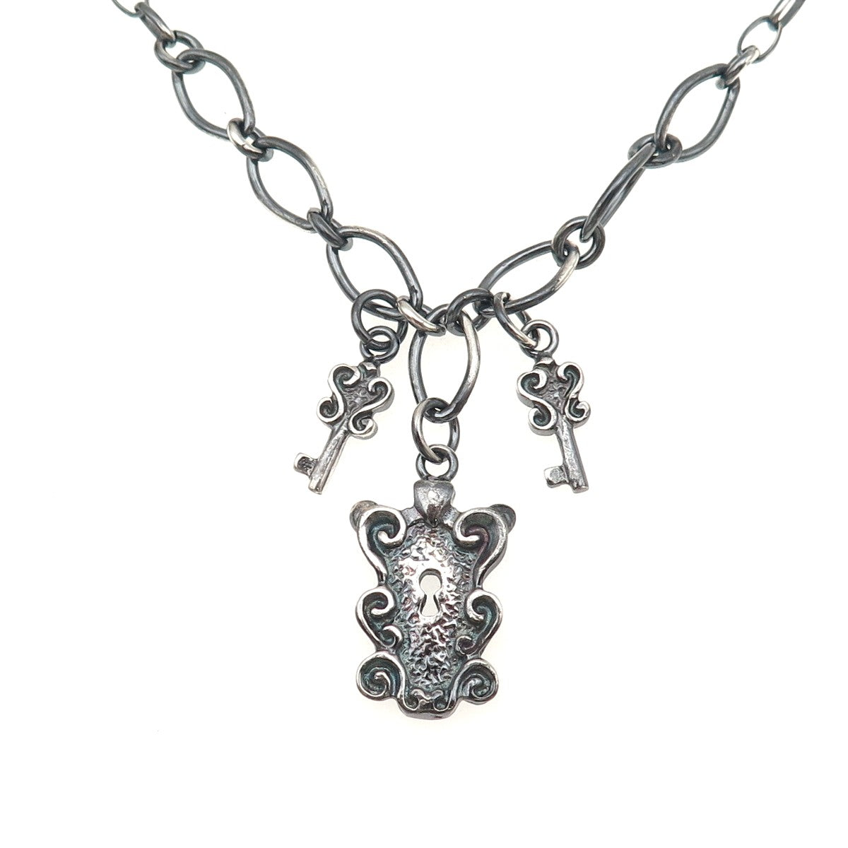 925 Sterling Silver Vintage Italy Lock & Key Oxidized Chain Necklace 16"