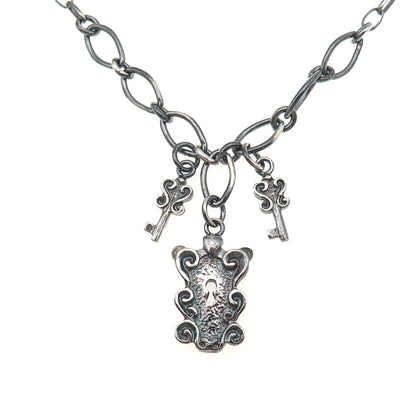 925 Sterling Silver Vintage Italy Lock & Key Oxidized Chain Necklace 16"