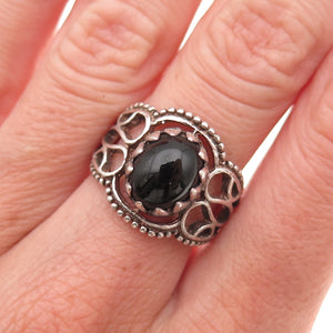 925 Sterling Silver Vintage Real Black Onyx Heart Oxidized Ring Size 6
