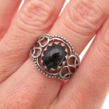 925 Sterling Silver Vintage Real Black Onyx Heart Oxidized Ring Size 6