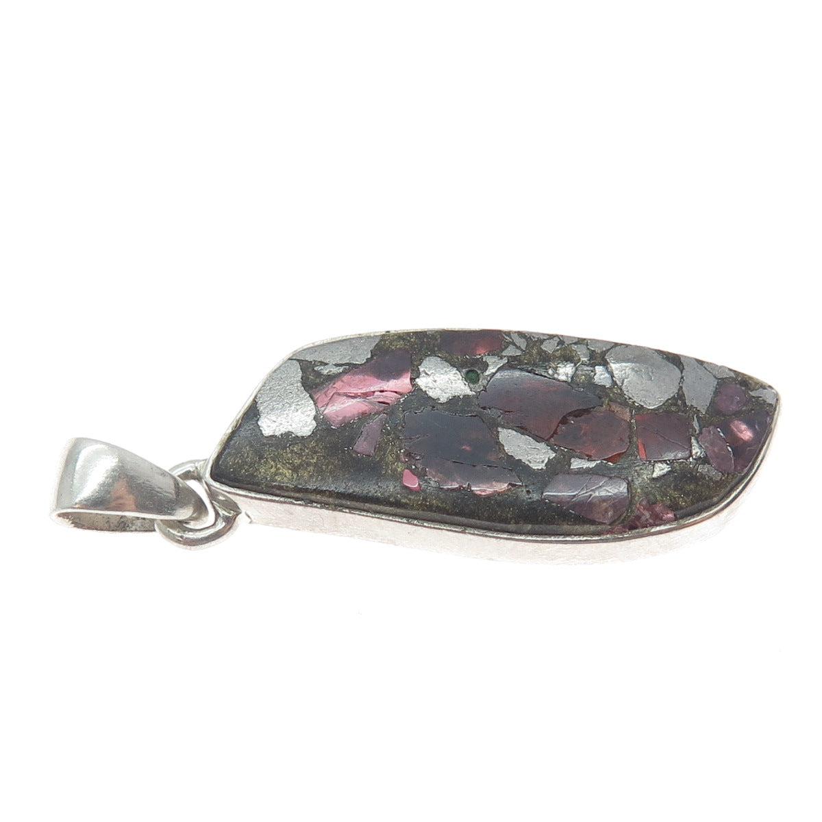 925 Sterling Vintage Real Pyrite Tourmaline & Red Garnet Inlay Modernist Pendant