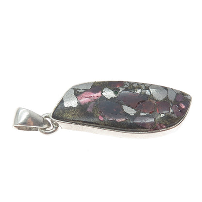 925 Sterling Vintage Real Pyrite Tourmaline & Red Garnet Inlay Modernist Pendant