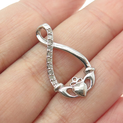 925 Sterling Silver Real Round-Cut Diamond Irish Claddagh Infinity Pendant