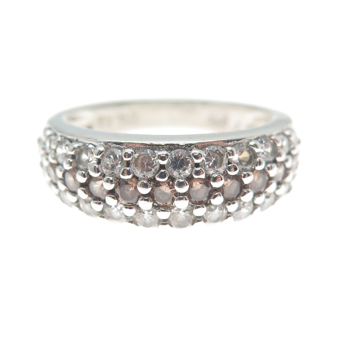 925 Sterling Silver Round-Cut Champagne & White C Z Ring Size 6.75