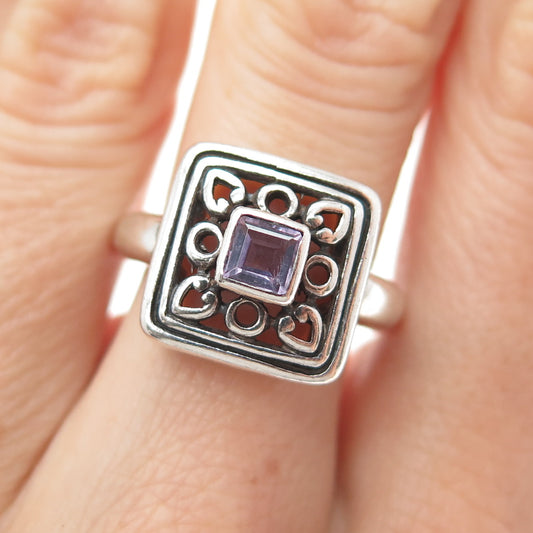 925 Sterling Silver Vintage Real Amethyst Ornate Square Oxidized Ring Size 7