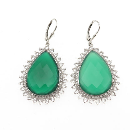 925 Sterling Silver Real Green Chalcedony & White Topaz Teardrop Dangle Earrings