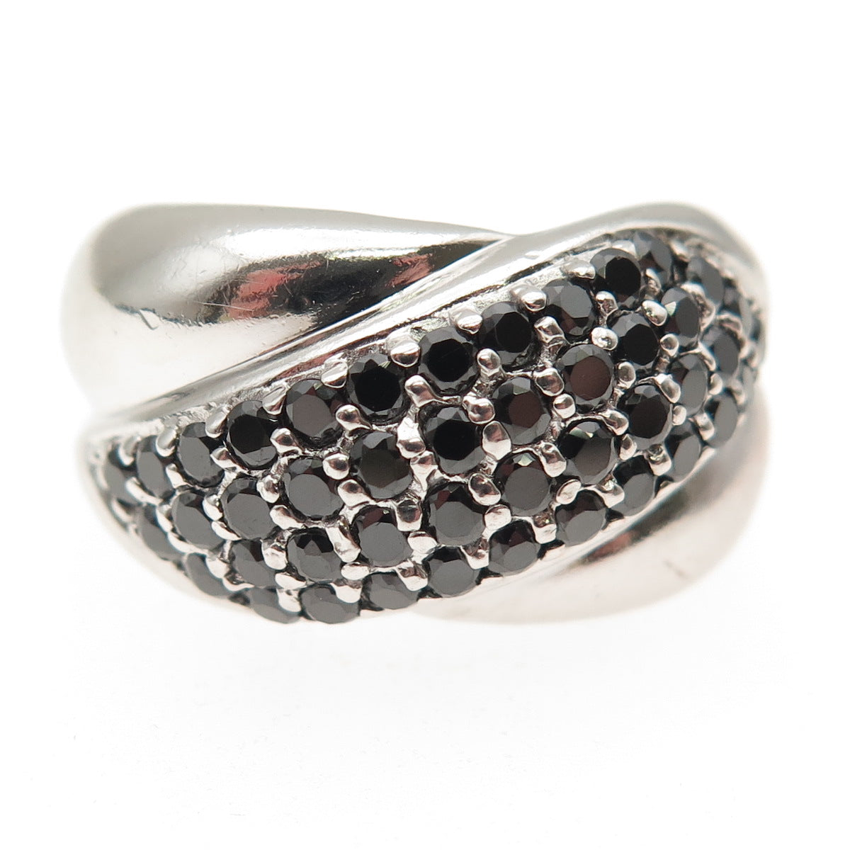 925 Sterling Silver Real Round-Cut Black Spinel Crisscross Ring Size 8.75