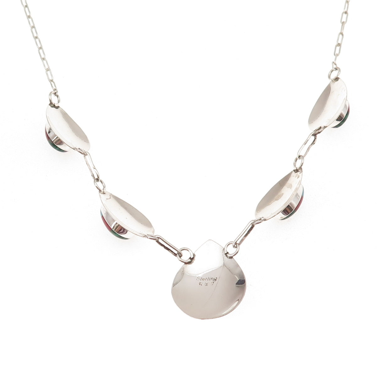 Old Pawn 925 Sterling Silver Vintage RWJ Zuni Multi-Gem Chain Necklace 20"