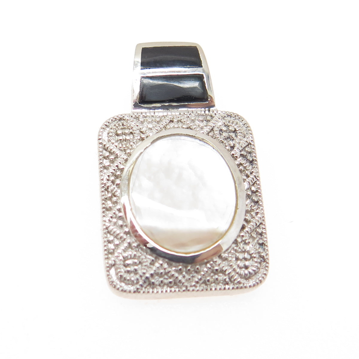 925 Sterling Silver Real Mother-of-Pearl & Black Onyx Gemstone Pendant