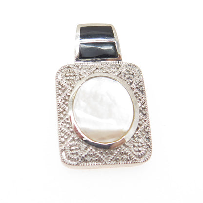 925 Sterling Silver Real Mother-of-Pearl & Black Onyx Gemstone Pendant