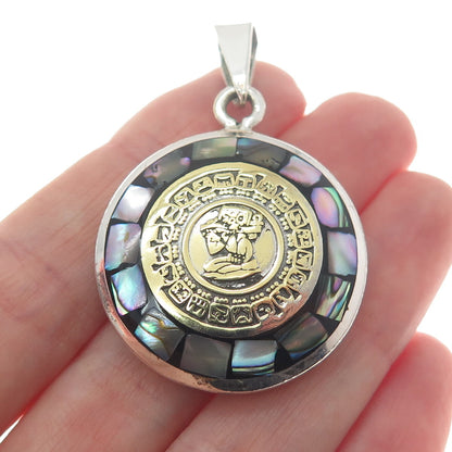 925 Sterling 2-Tone Vintage Turquoise & Abalone Shell Mayan Calendar Pendant