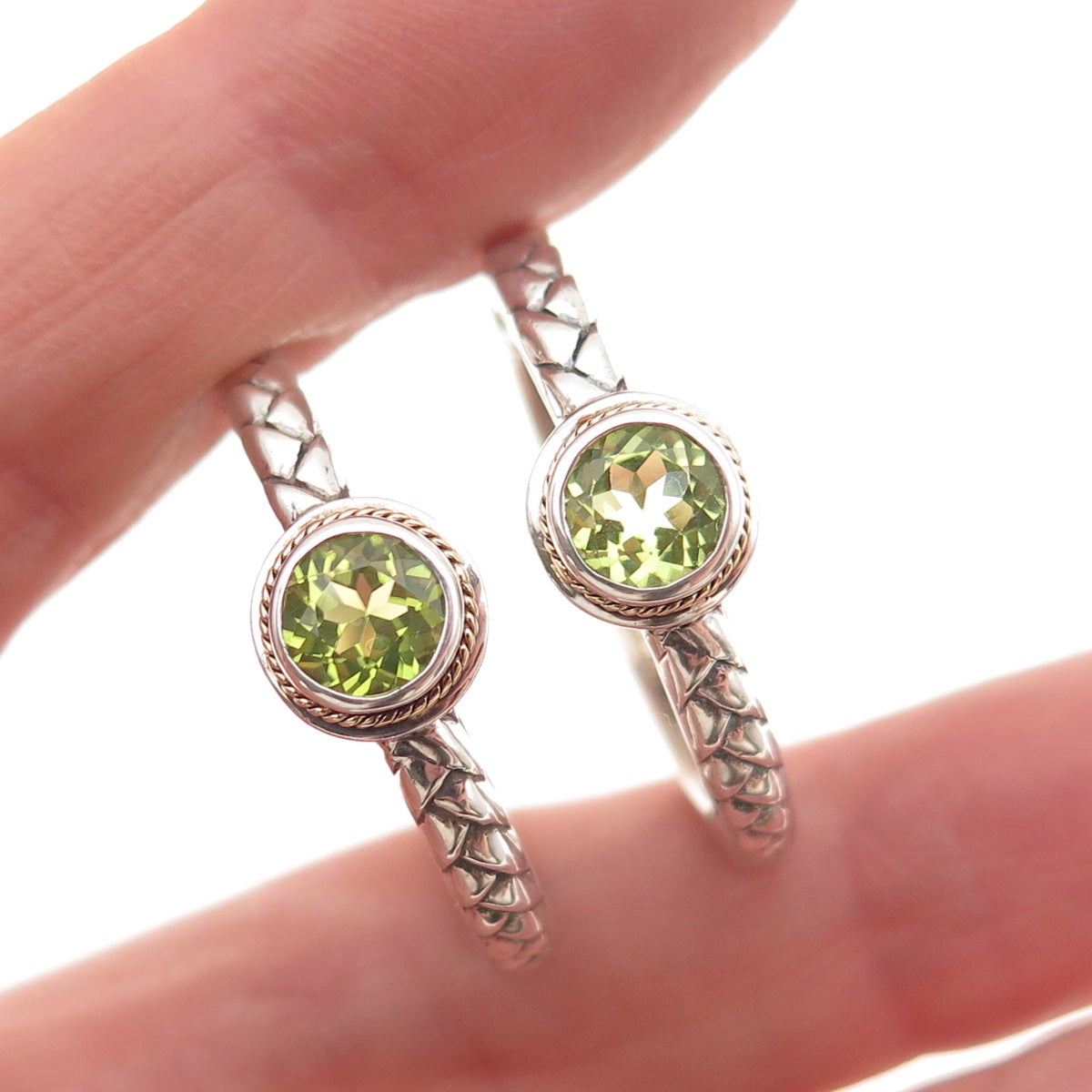 Effy BH 925 Sterling Silver 18K Gold Real Peridot Braided Hoop Earrings