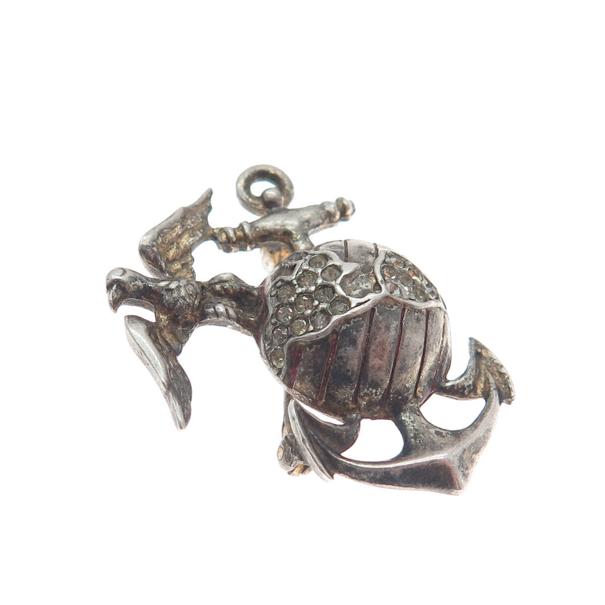 TRIFARI 925 Sterling Silver Antique Rhinestone US Marine Corps Oxidized Brooch