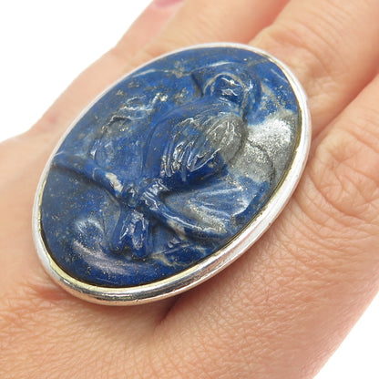 970 Silver Vintage Real Carved Lapis Lazuli Bird Cameo Statement Ring Size 10.5