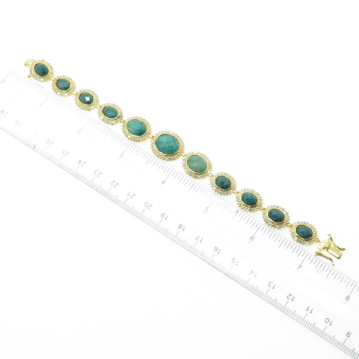 925 Sterling Silver Gold Plated Diamond & Emerald Gem Tennis Link Bracelet 6.75"