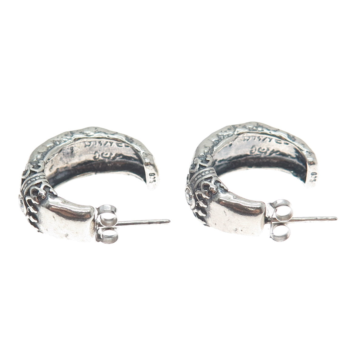 925 Sterling Silver Vintage Israel C Z Modernist Oxidized Hoop Earrings