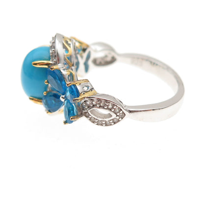 925 Sterling Silver 2-Tone Real Turquoise Apatite & White Topaz Ring Size 8